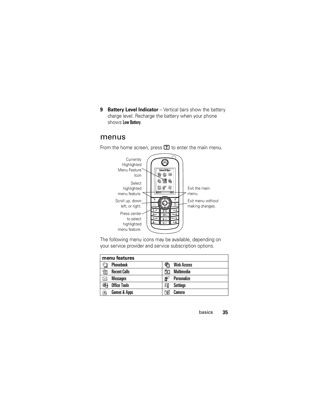 Motorola C261 GSM manual Menus, From the home screen, press M to enter the main menu, Menu features 