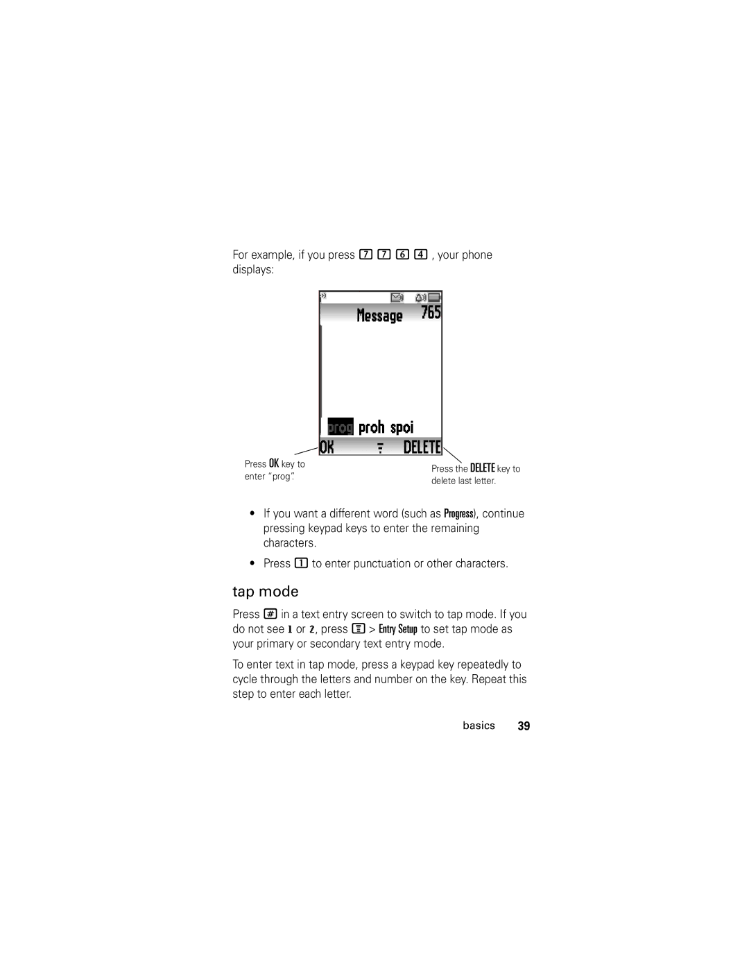 Motorola C261 GSM manual Tap mode, For example, if you press 7 7 6 4 , your phone displays 