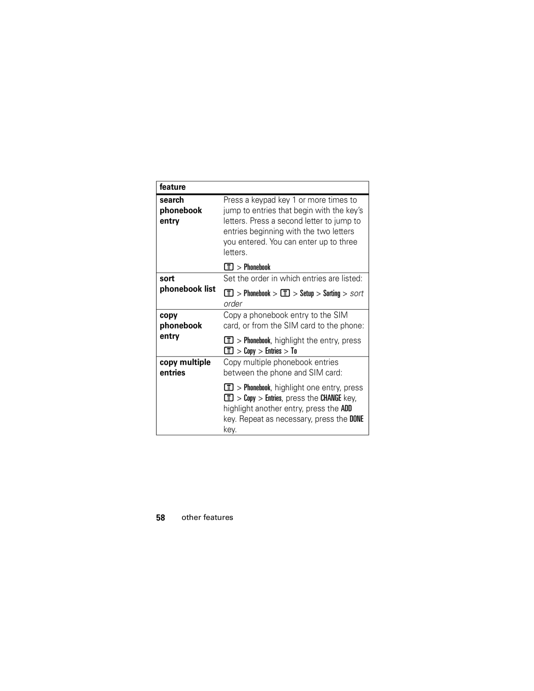 Motorola C261 GSM manual Feature Search, Entry, Entries beginning with the two letters, Letters, Sort, Phonebook list 