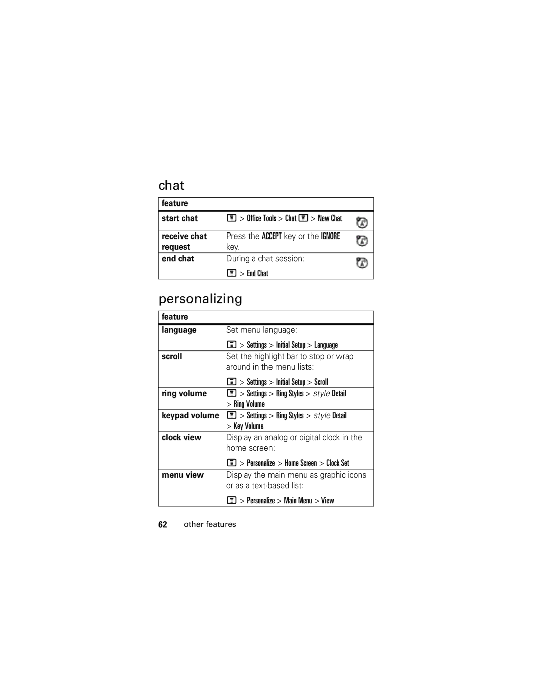 Motorola C261 GSM manual Chat, Personalizing 