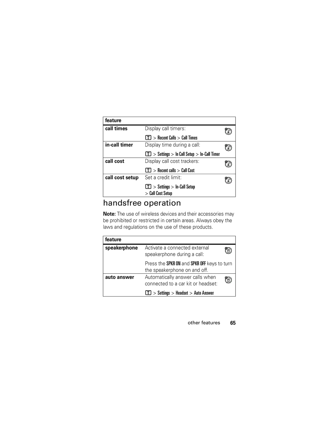 Motorola C261 GSM manual Handsfree operation, Feature Call times, Call cost, Settings Headset Auto Answer 