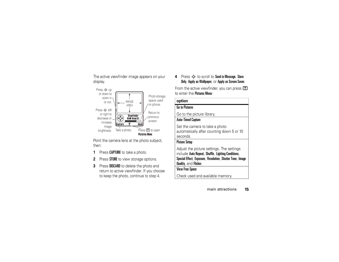 Motorola C261 manual Go to Pictures, Auto-Timed Capture, Picture Setup, View Free Space, Option 