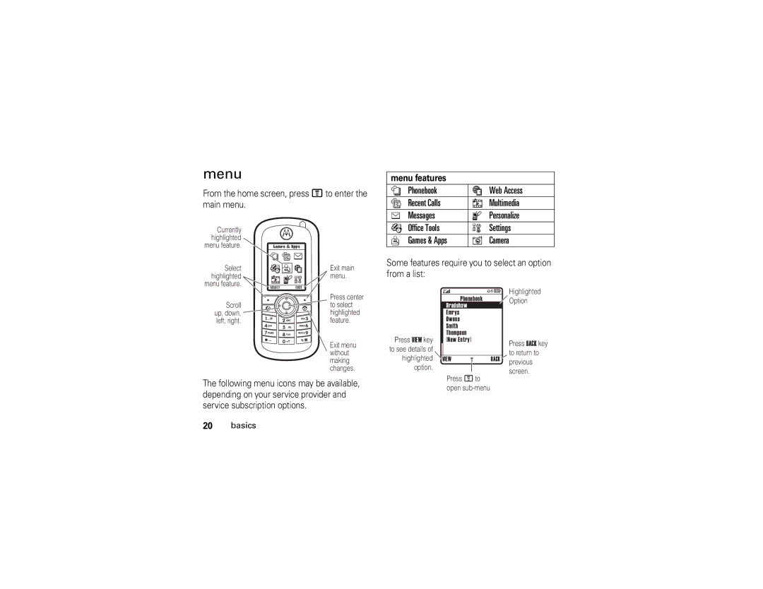 Motorola C261 Menu, Phonebook Web Access, Multimedia, Messages Personalize, Office Tools Settings Games & Apps Camera 