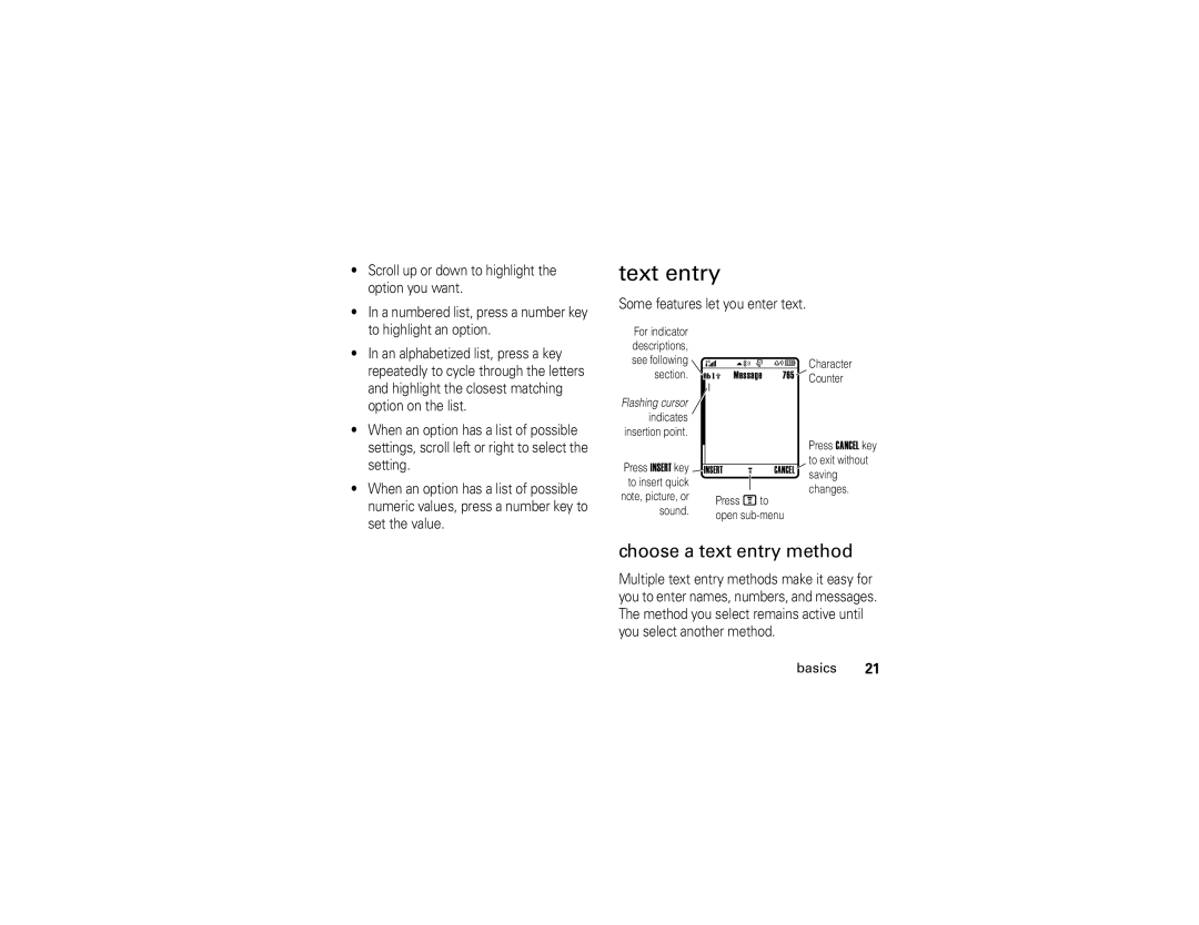 Motorola C261 manual Text entry, Choose a text entry method, Some features let you enter text 