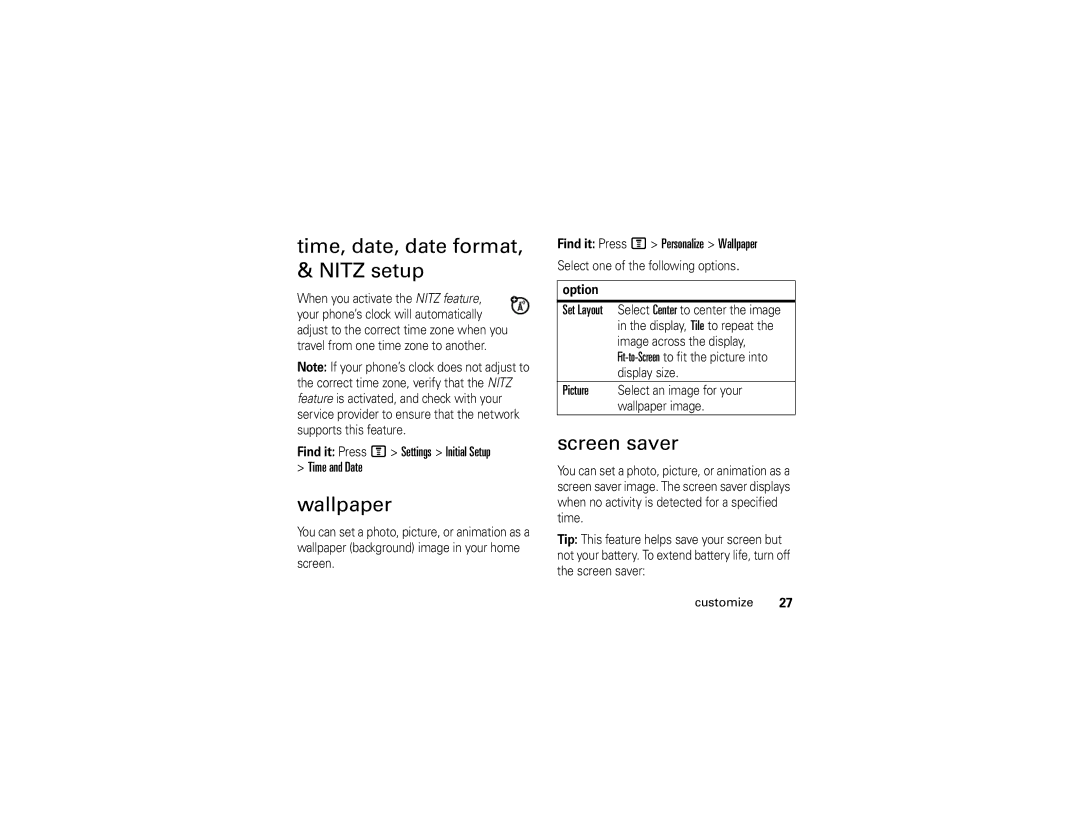 Motorola C261 manual Time, date, date format, & Nitz setup, Screen saver, Find it Press M Personalize Wallpaper 