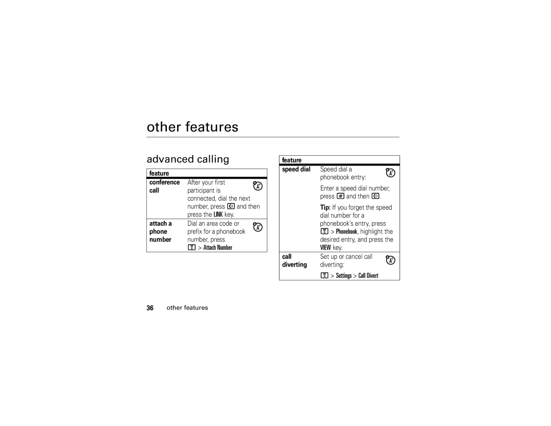 Motorola C261 manual Other features, Advanced calling, Attach Number, View key, Settings Call Divert 