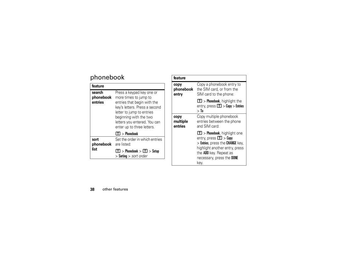 Motorola C261 manual Phonebook M Setup 