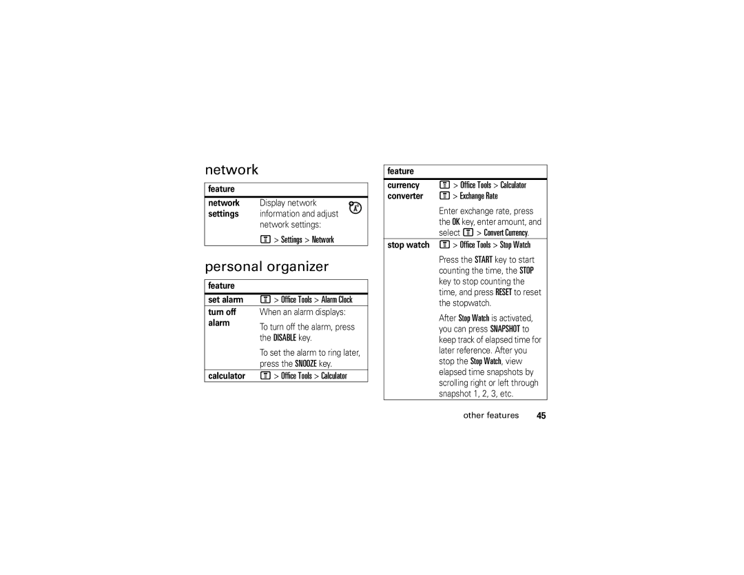 Motorola C261 manual Network, Personal organizer 