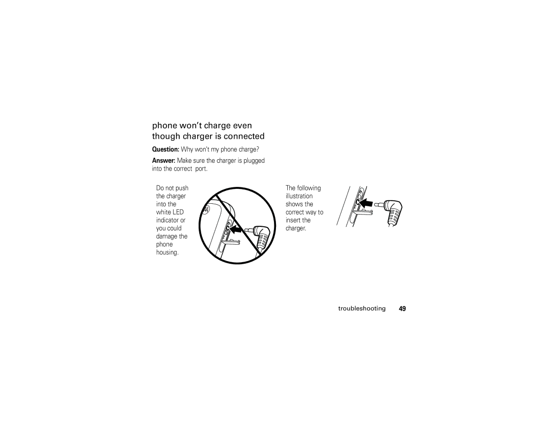 Motorola C261 manual Phone won’t charge even though charger is connected, Charger Illustration Into Shows White LED 