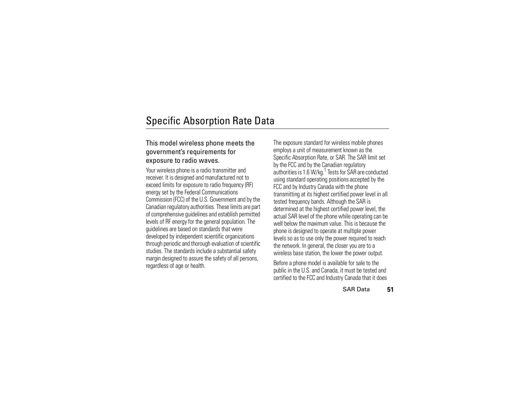 Motorola C261 manual Specific Absorption Rate Data, SAR Data 