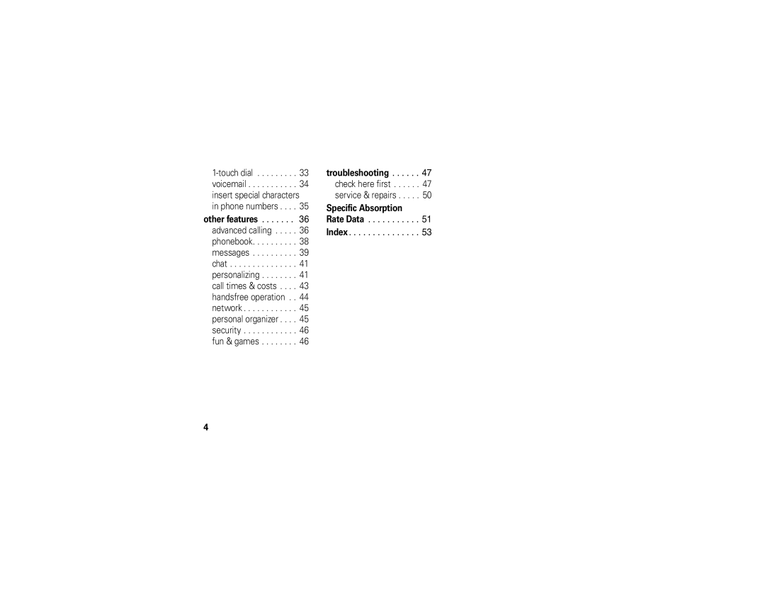 Motorola C261 manual Rate Data Index 