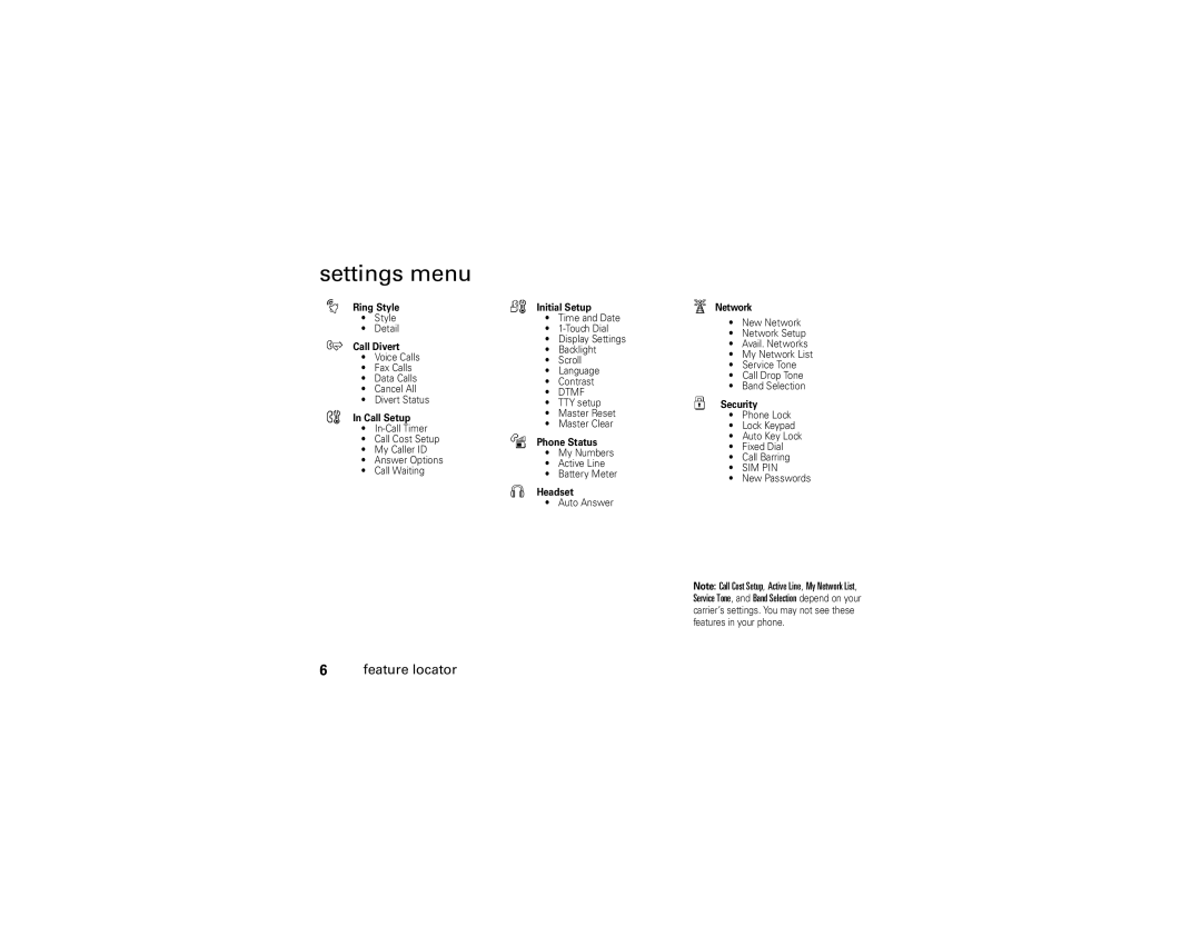 Motorola C261 manual Settings menu, Initial Setup 