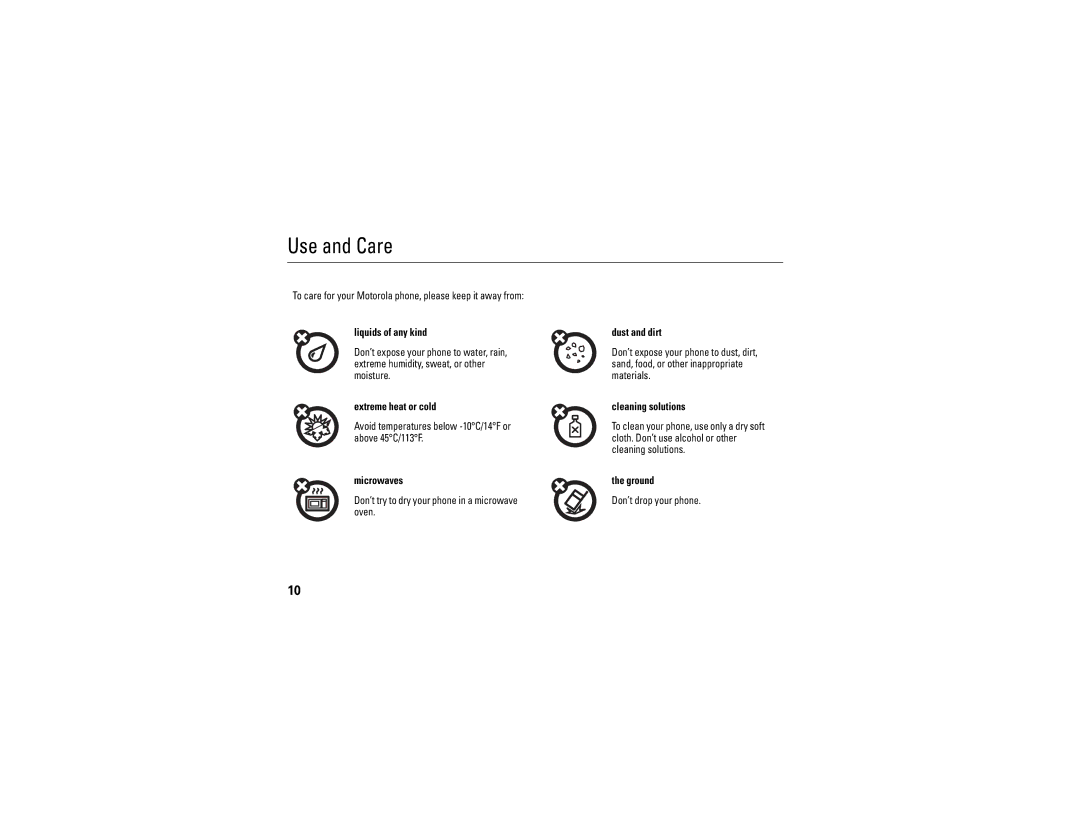 Motorola C290 manual Use and Care, Cleaning solutions 