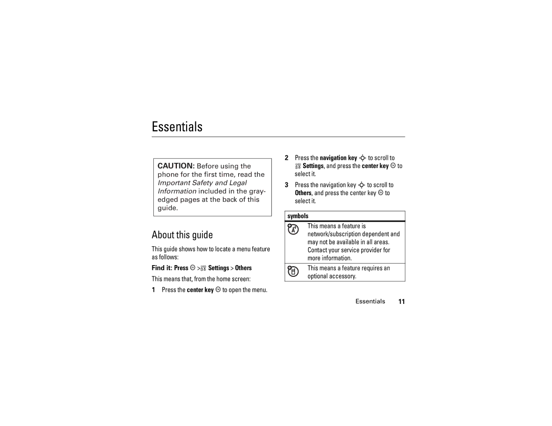 Motorola C290 manual Essentials, About this guide, Find it Press rw Settings Others, Symbols 