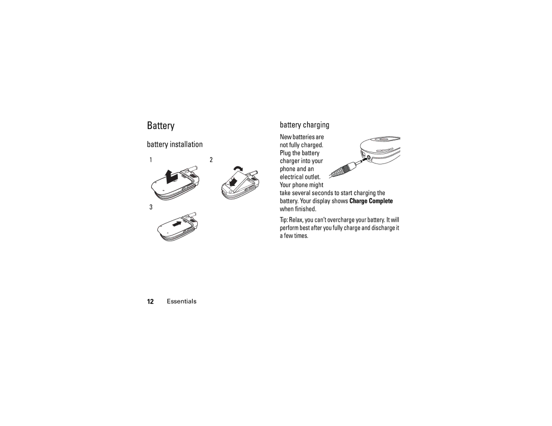 Motorola C290 manual Battery installation Battery charging 