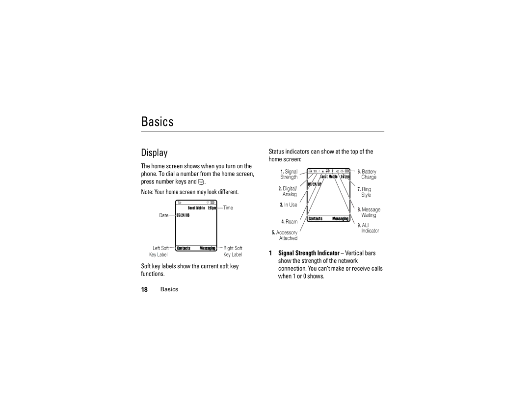 Motorola C290 manual Display, Soft key labels show the current soft key functions Basics 