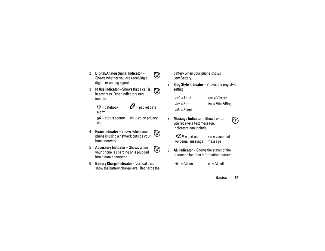 Motorola C290 manual Ring Style Indicator Shows the ring style setting 