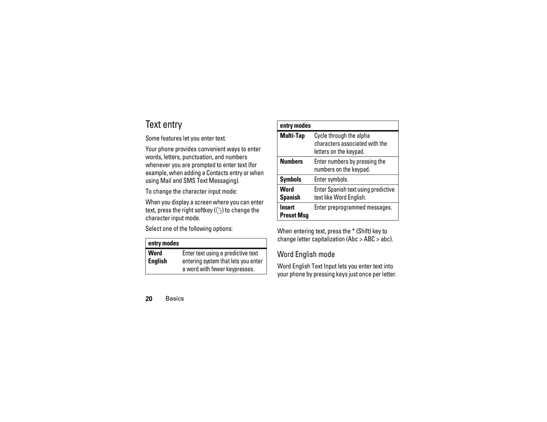 Motorola C290 manual Text entry, Word English mode 