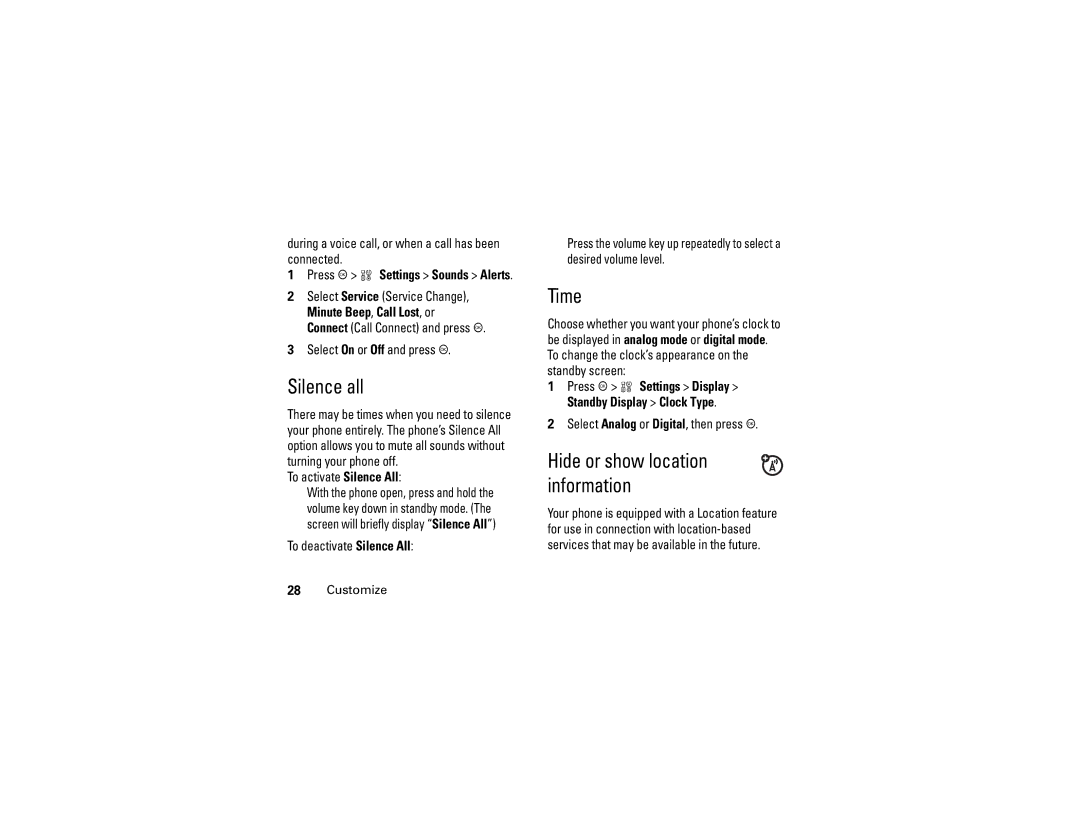 Motorola C290 manual Silence all, Time, Hide or show location information, Press r w Settings Sounds Alerts 