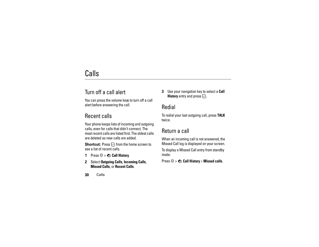 Motorola C290 manual Calls, Turn off a call alert, Recent calls, Redial, Return a call 