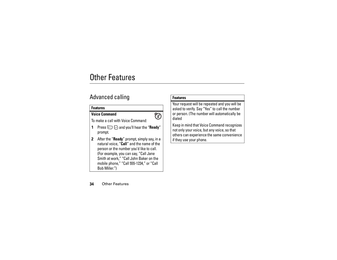 Motorola C290 manual Other Features, Advanced calling, Features Voice Command 