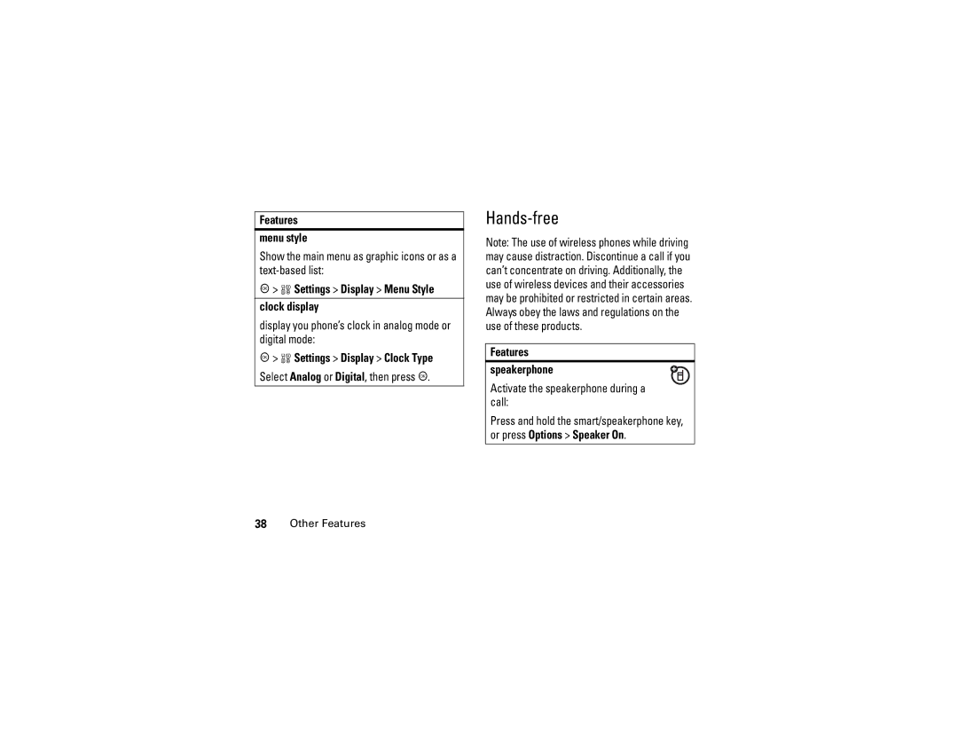 Motorola C290 Hands-free, Features Menu style, Settings Display Menu Style Clock display, Settings Display Clock Type 