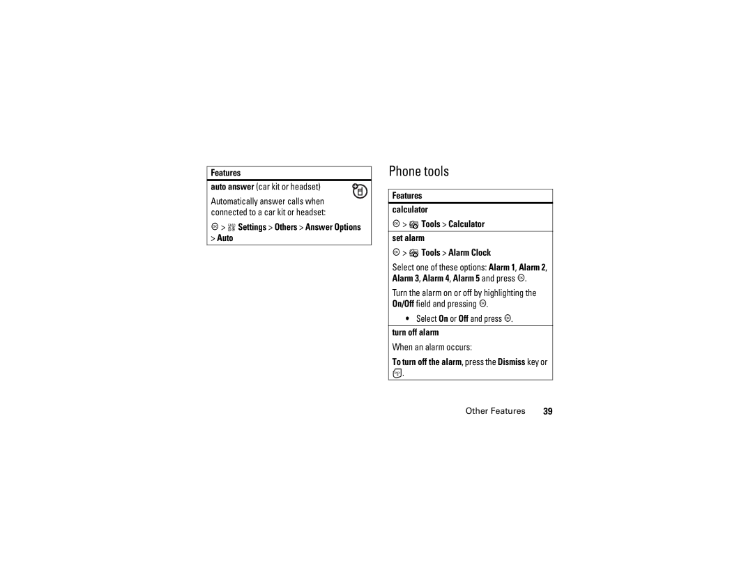 Motorola C290 Phone tools, Settings Others Answer Options Auto, Alarm 3, Alarm 4, Alarm 5 and press r, Turn off alarm 