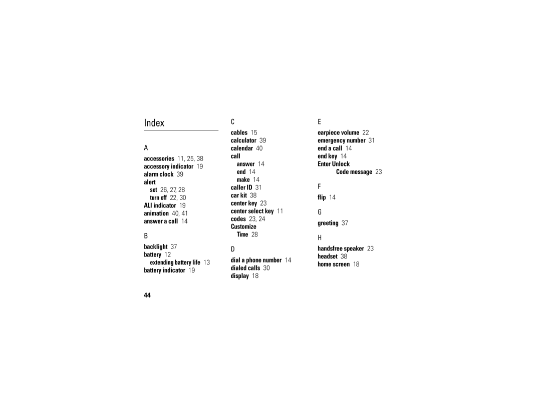 Motorola C290 manual Index, Alert, Backlight 37 battery, Cables 15 calculator 39 calendar 40 call 
