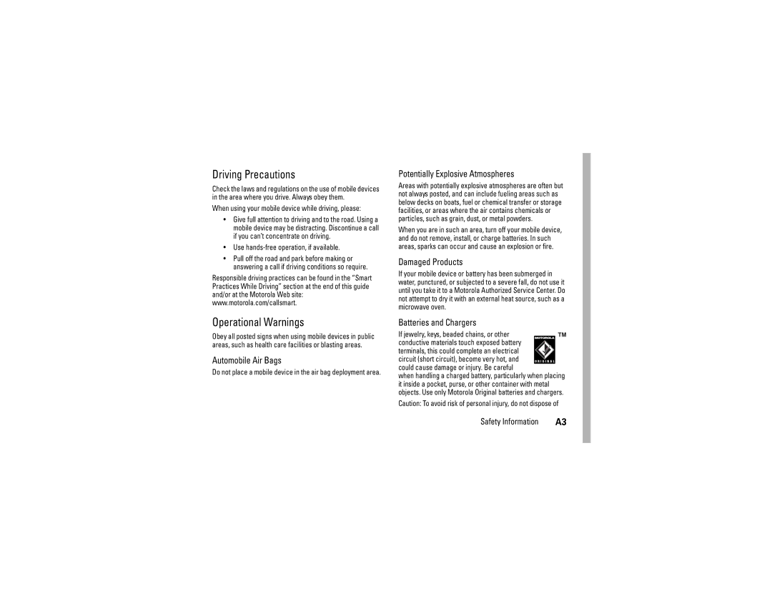 Motorola C290 manual Driving Precautions, Operational Warnings 