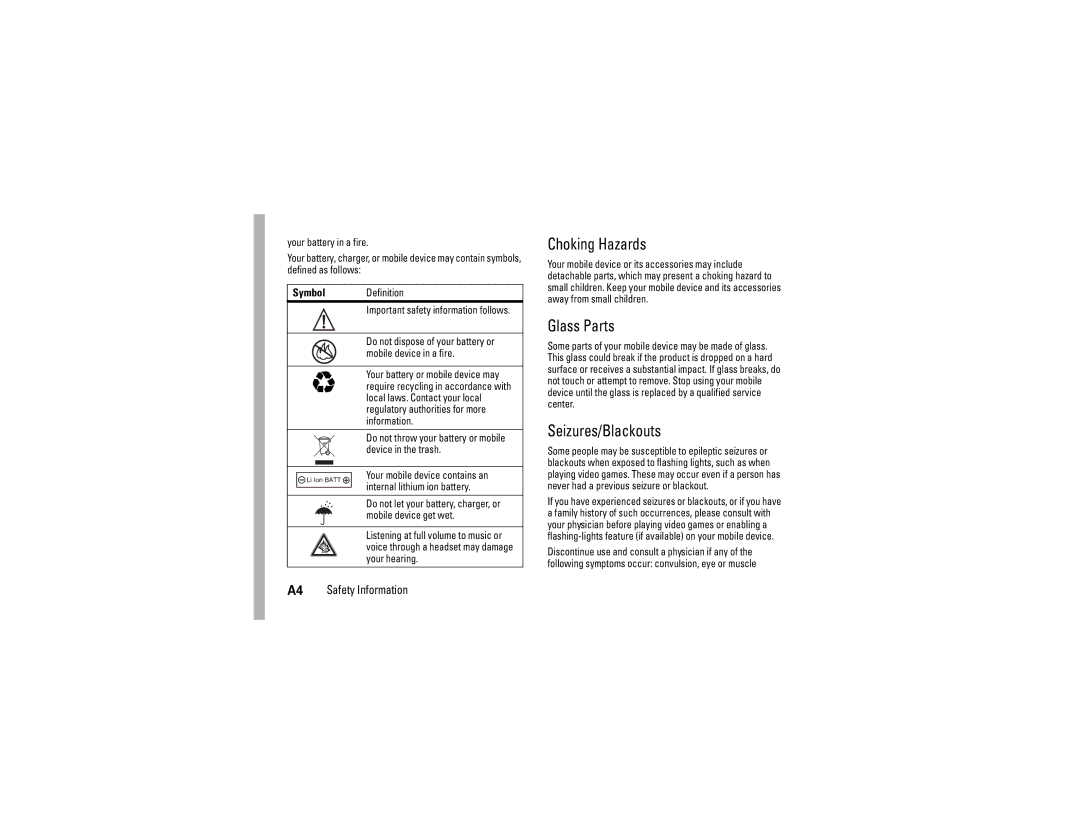 Motorola C290 manual Choking Hazards, Glass Parts, Seizures/Blackouts 