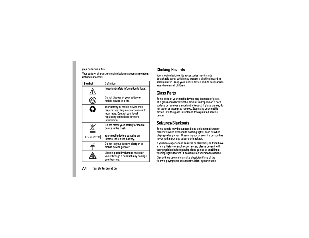 Motorola C290 manual Choking Hazards, Glass Parts, Seizures/Blackouts, Symbol 