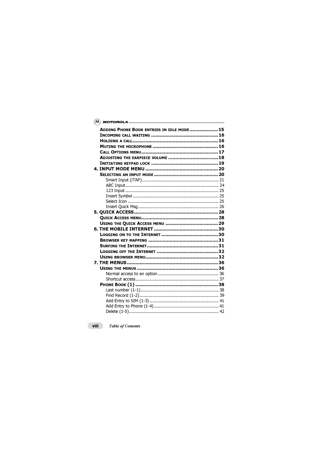 Motorola C300 manual Viii Table of Contents 