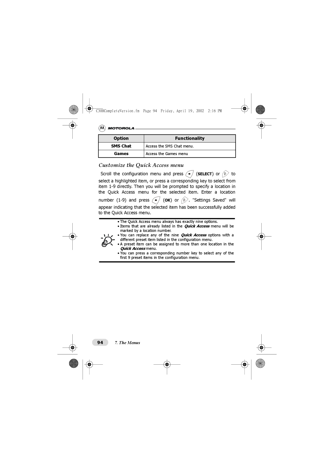 Motorola C300 manual Customize the Quick Access menu 