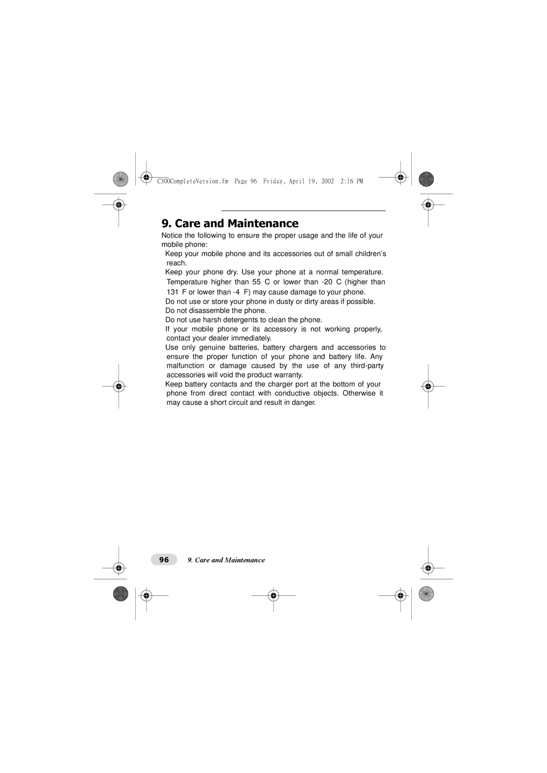 Motorola C300 manual Care and Maintenance 