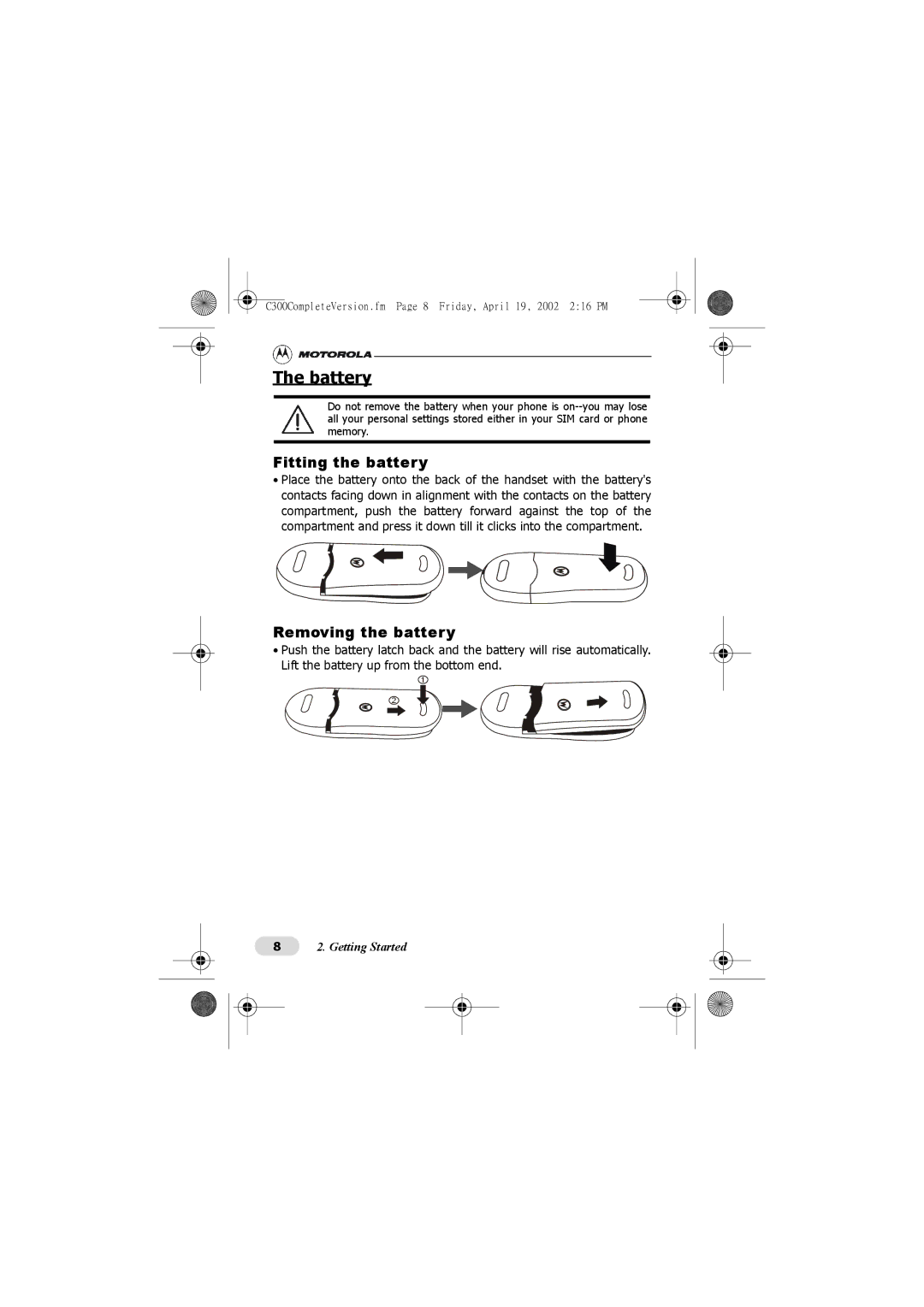 Motorola C300 manual Battery, Fitting the battery, Removing the battery 