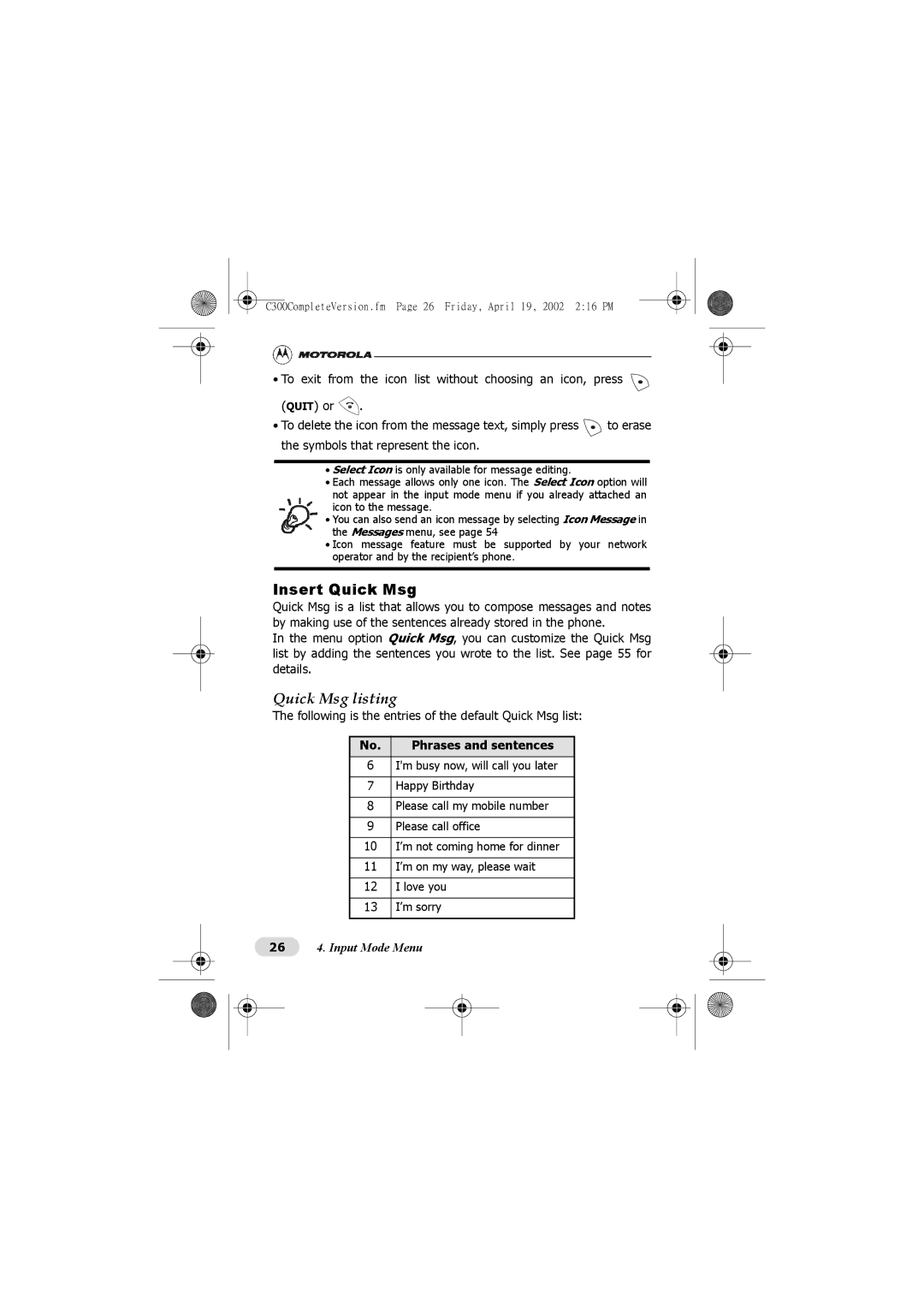 Motorola C300 manual Insert Quick Msg, Quick Msg listing, Following is the entries of the default Quick Msg list 