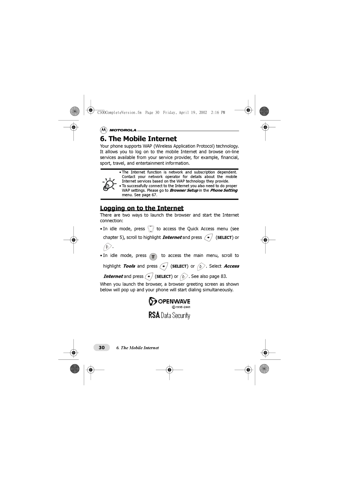 Motorola C300 manual Mobile Internet, Logging on to the Internet 