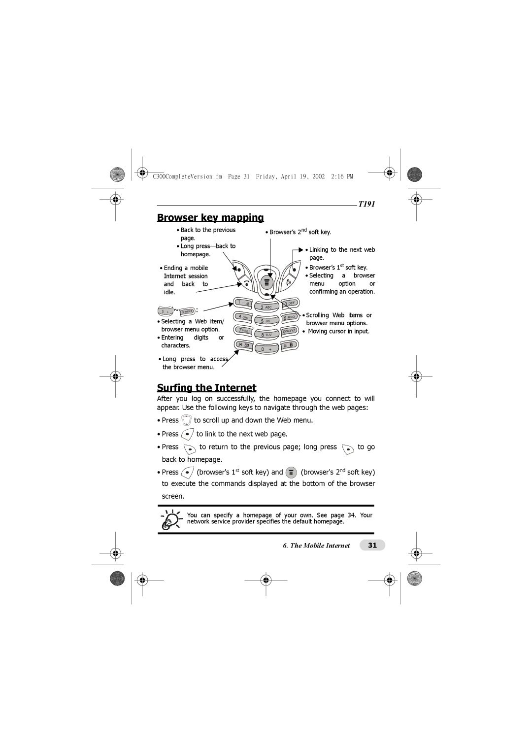 Motorola C300 manual Browser key mapping, Surfing the Internet 