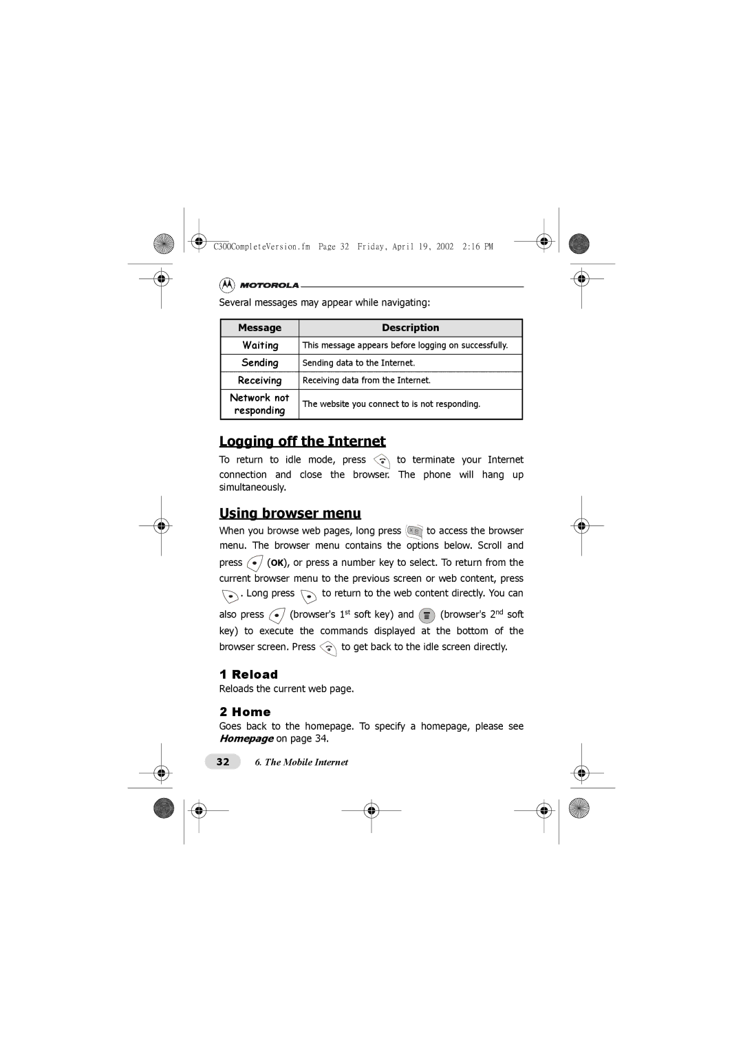 Motorola C300 manual Logging off the Internet, Using browser menu, Reload, Home, Message Description 