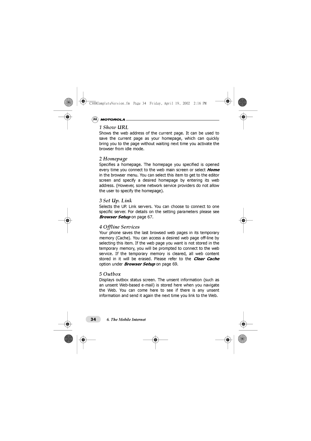 Motorola C300 manual Show URL, Homepage, Set Up. Link, Offline Services, Outbox 