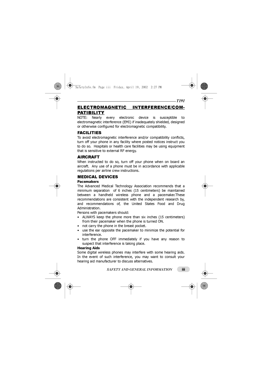 Motorola C300 manual Pacemakers, Hearing Aids, Iii 