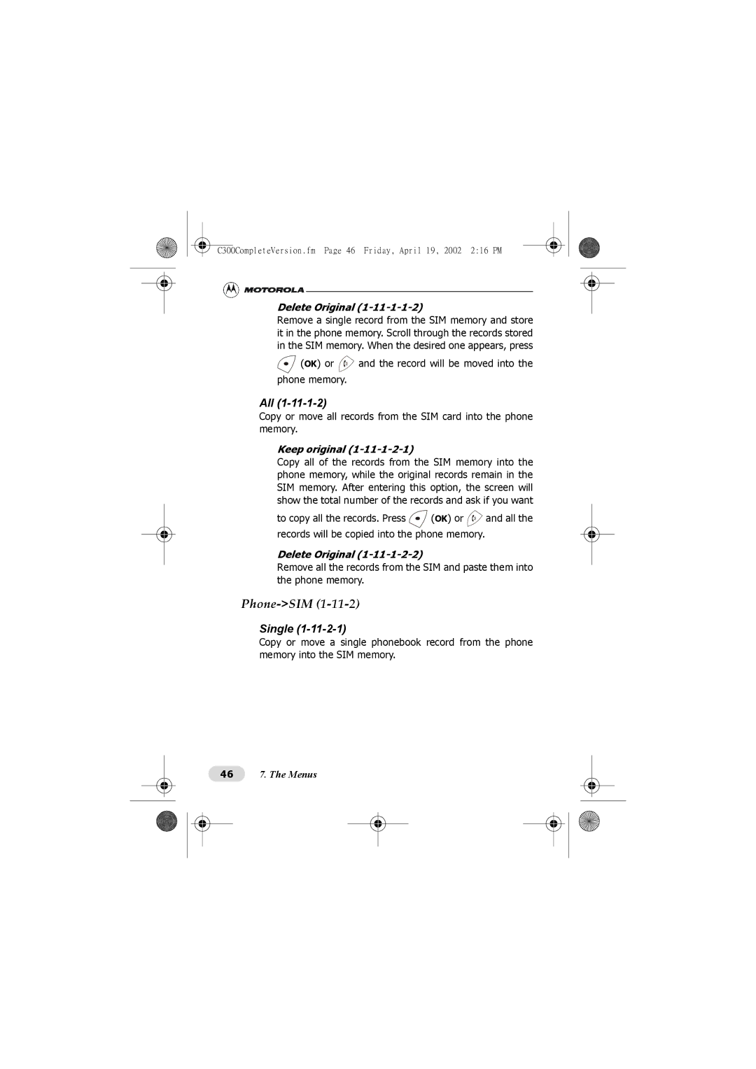 Motorola C300 manual Phone-SIM, All, Delete Original 