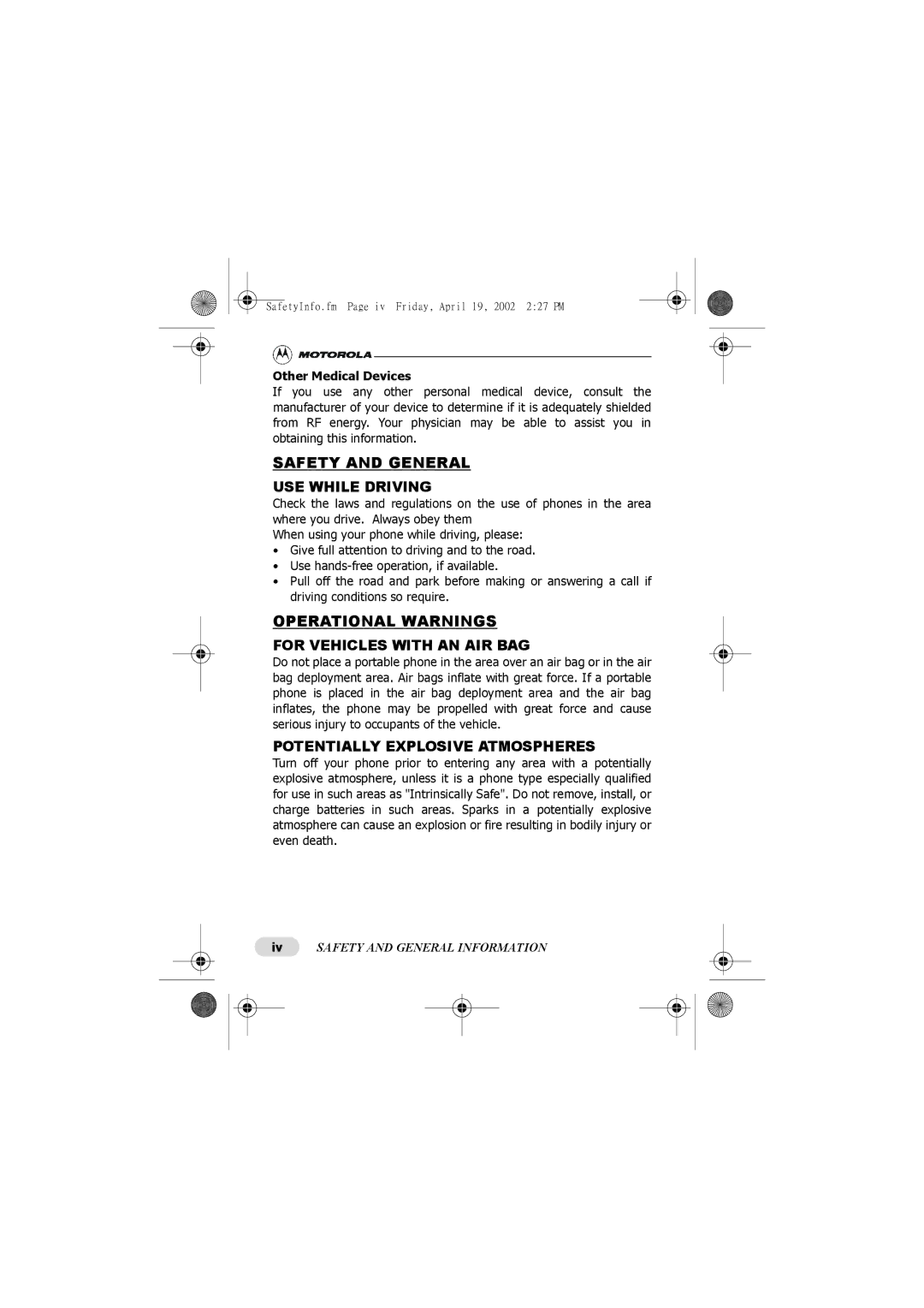 Motorola C300 manual Safety and General, Other Medical Devices 