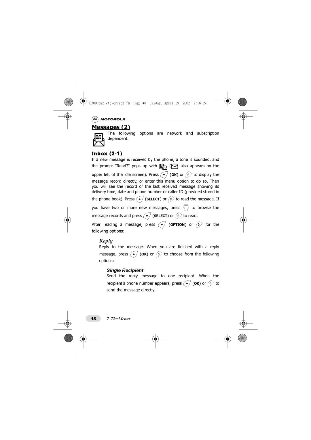 Motorola C300 manual Messages, Inbox, Reply, Single Recipient, Following options are network and subscription dependent 