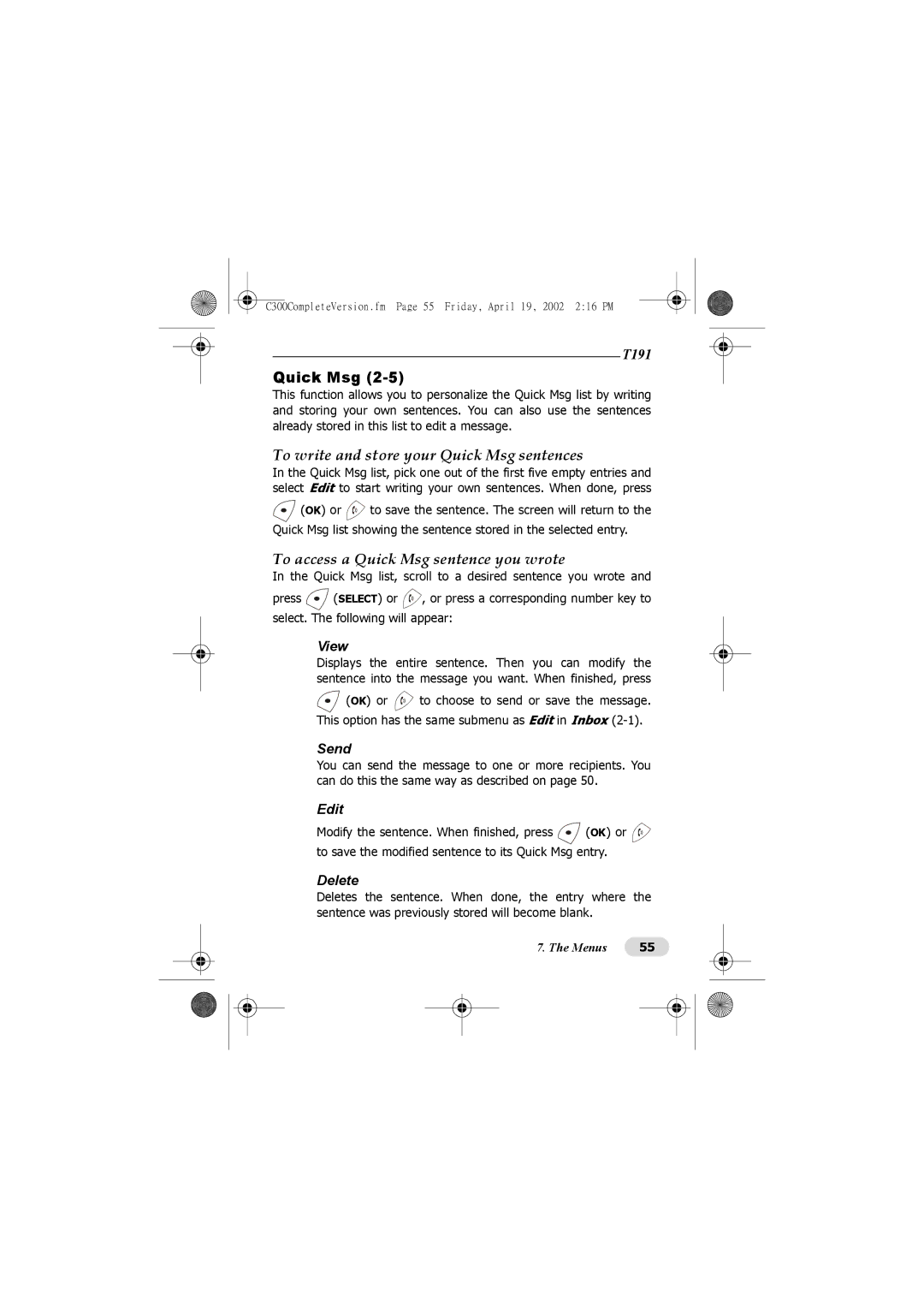 Motorola C300 manual To write and store your Quick Msg sentences, To access a Quick Msg sentence you wrote 