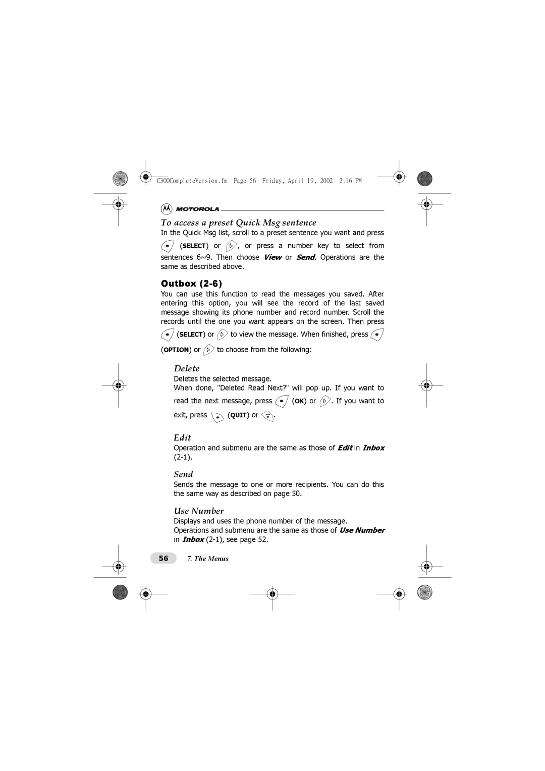 Motorola C300 manual To access a preset Quick Msg sentence, Outbox 