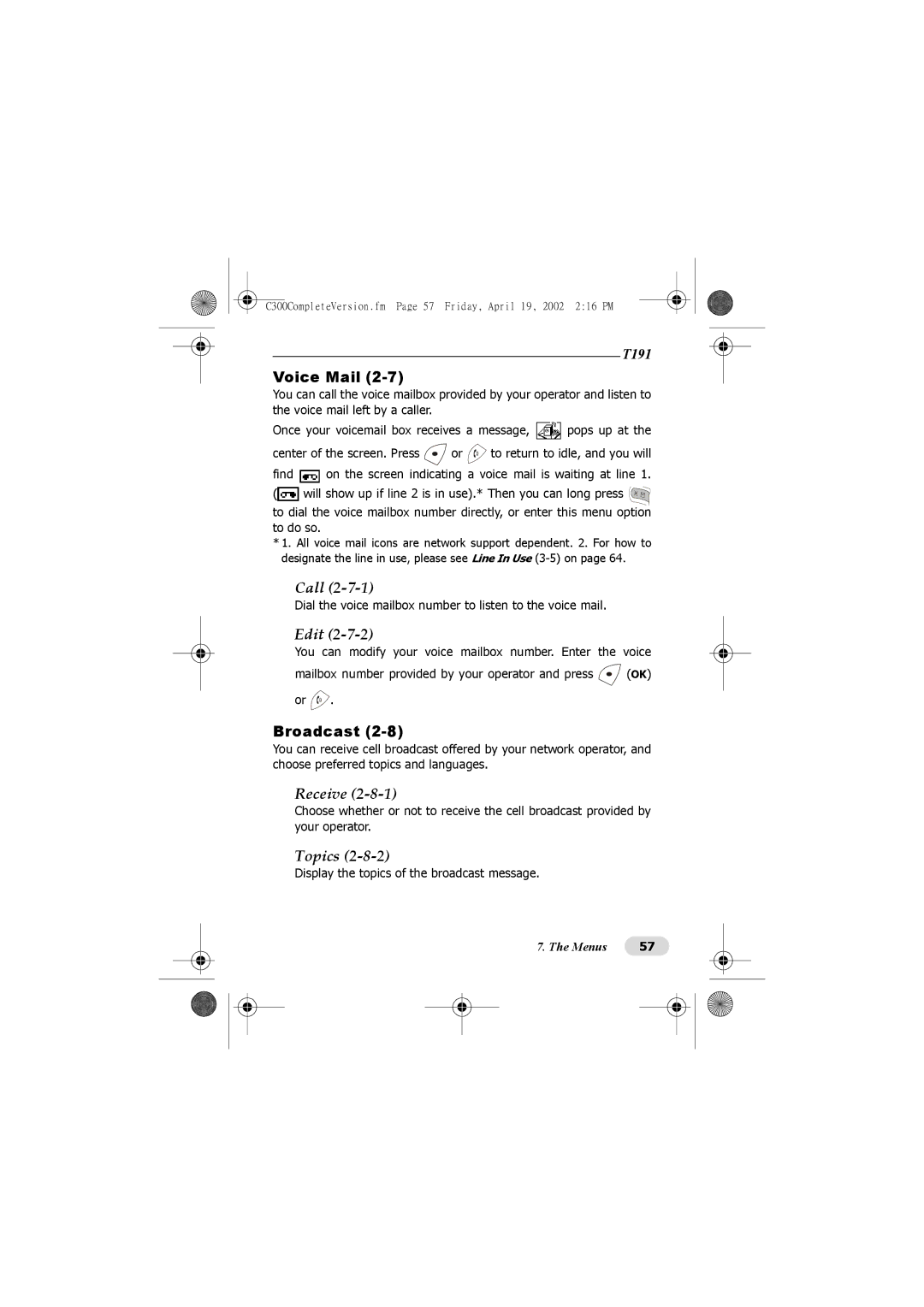 Motorola C300 manual Voice Mail, Broadcast, Receive, Topics 