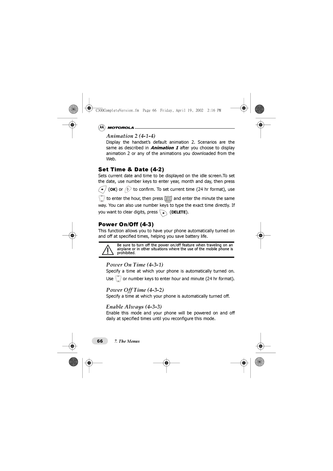 Motorola C300 manual Animation 2, Power On Time, Power Off Time, Enable Always 