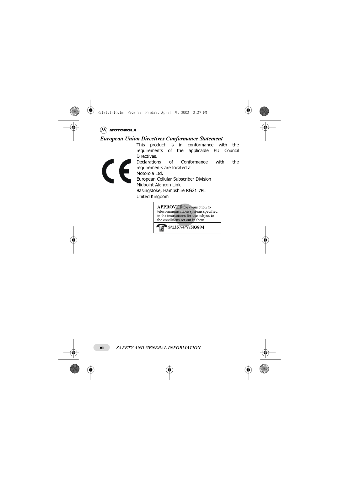 Motorola C300 manual European Union Directives Conformance Statement 