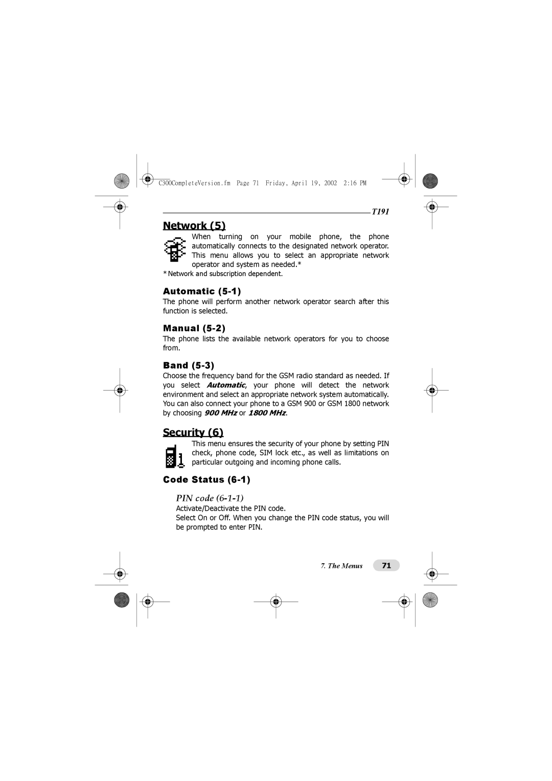 Motorola C300 manual Network, Security, PIN code 